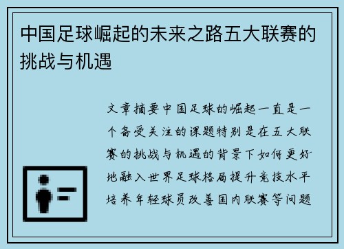 中国足球崛起的未来之路五大联赛的挑战与机遇