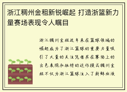 浙江稠州金租新锐崛起 打造浙篮新力量赛场表现令人瞩目